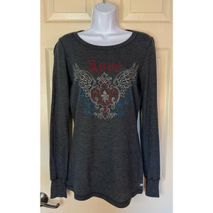 Jake's Rhinestone Love Ribbed Grey Long Sleeve